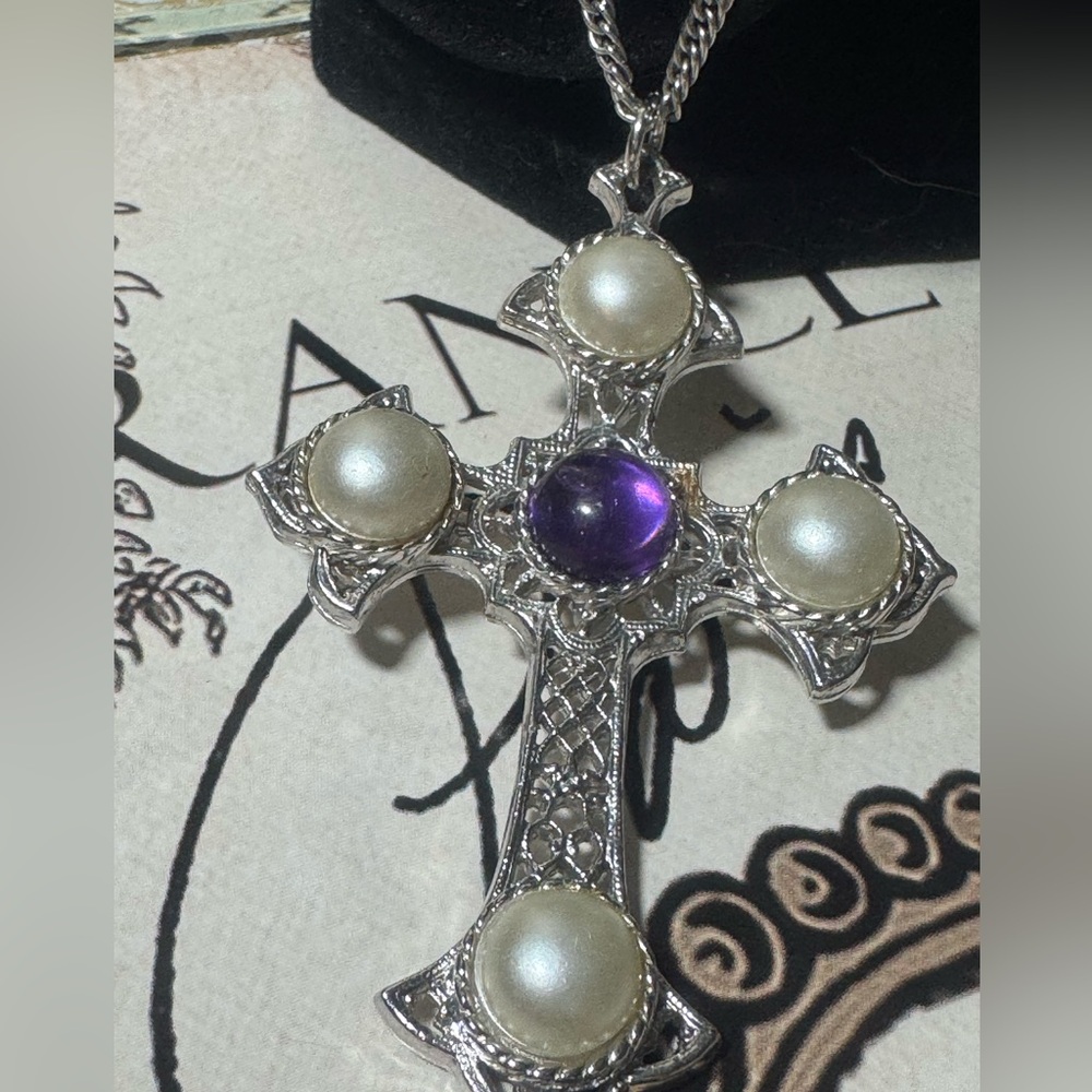Sarah Coventry Crusader Maltese Silver and Purple Cross Pendant Necklace, 24”